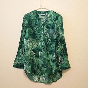 Ladies OSO Casuals Green Palm Leaf Print Pullover Blouse Roll Tab Sleeve size sm
